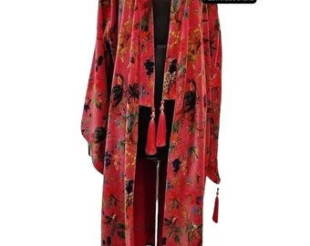 OFMD Pink Bird Velvet Banyan Fabric Kimono Cotton Velvet Robe Long, Original OFMD break up robe Printed Kimono With Tassels
