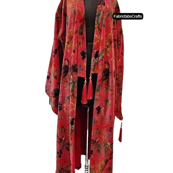 OFMD Pink Bird Velvet Banyan Fabric Kimono Cotton Velvet Robe Long, Original OFMD break up robe Printed Kimono With Tassels