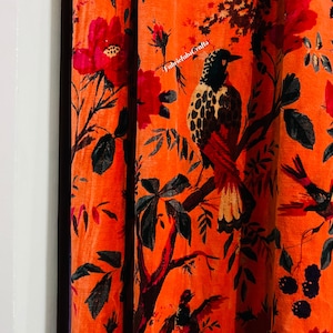 Vintage Cotton Velvet Coral Orange Color Bird Print luxury Curtain , Boho Curtain, luxury Drapes Housewarming Gift.