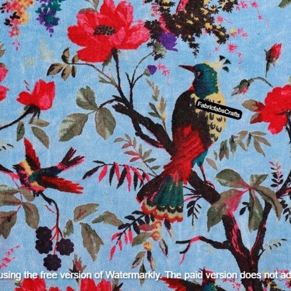 Blue Bird printed Velvet Fabric Indian Fabric Floral Print Fabric upholstery Fabric fabric for lampshade fabric for curtain quilting fabric