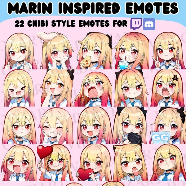 ANIME TWITCH EMOTES - 22 Twitch/Discord emotes, Chibi anime style, Blonde Pink hair Girl Emotes