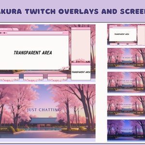 Puede incluir: Un conjunto de superposiciones y pantallas de Twitch con un tema de flores de cerezo, en tonos rosa y blanco. Las superposiciones incluyen una pantalla "Just Chatting", una pantalla "Stream Starting Soon", una pantalla "Stream Just Ended" y una pantalla "Currently Offline". Las superposiciones también incluyen un área transparente para la cámara web del streamer u otro contenido.