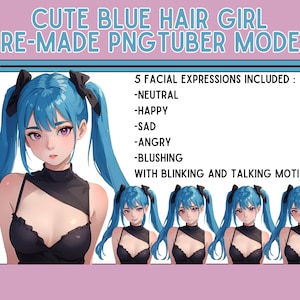 May include: A digital illustration of a cartoon girl with blue hair and black bows. She is wearing a black top and has five different facial expressions: neutral, happy, sad, angry, and blushing. The image includes the text "5 Facial Expressions Included: -Neutral -Happy -Sad -Angry -Blushing With Blinking and Talking Motions".