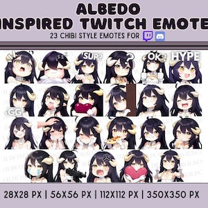 23 個の Chibi Albedo Twitch および Discord エモート |かわいい悪魔の女の子 |黒髪少女サキュバス |かわいいストリーマー絵文字パック | PNGを即時ダウンロード