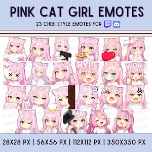 CHIBI TWITCH EMOTES - 23 Twitch/Discord emotes, Cat girl emotes, anime style, Pink hair Girl Emotes, cute Stream emotes, kawaii girl emotes