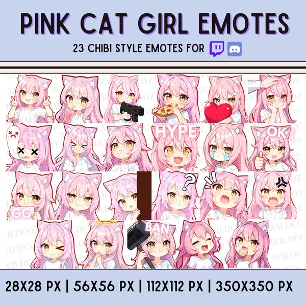 CHIBI TWITCH EMOTES - 23 gestos de Twitch/Discord, gestos de chica gato, estilo anime, gestos de chica de pelo rosa, lindos gestos de Stream, gestos de chica kawaii