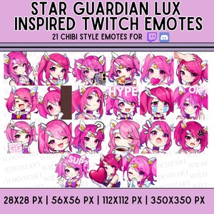 May include: A set of 21 animated Twitch emotes featuring a pink-haired anime character in various poses and expressions. The emotes are in a chibi style and include text like "GG", "Hype", "Sup", and "OK!"