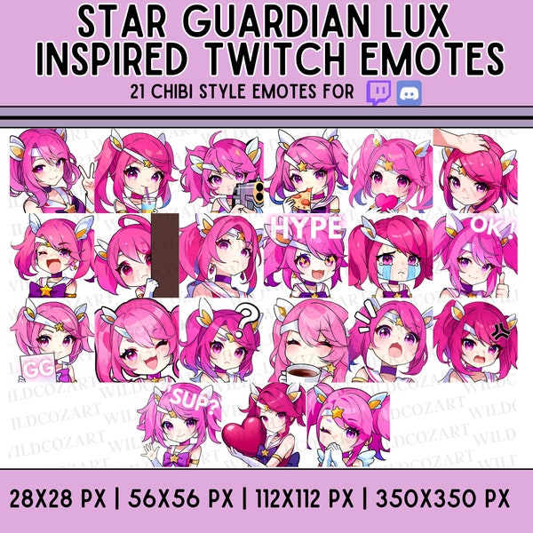 LOL TWITCH EMOTES - 21 Twitch/Discord emotes, Chibi anime style, Pink hair Girl Emotes, Star Guardian, Stream emotes