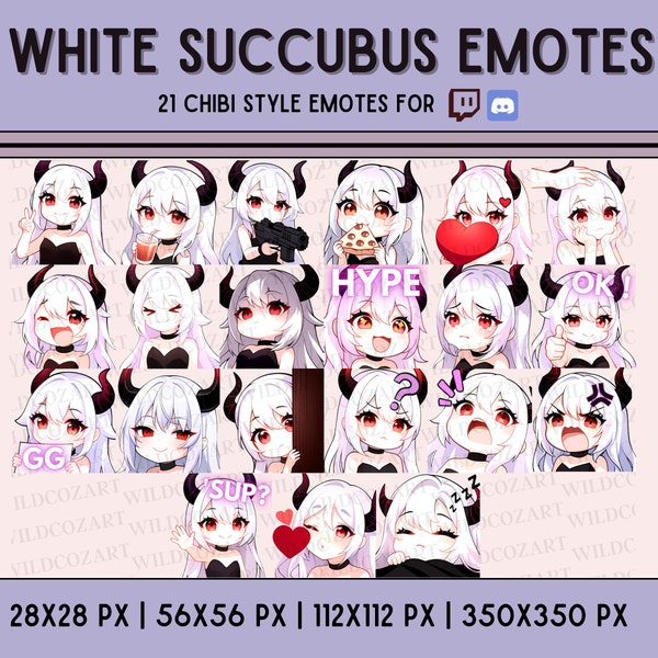 SUCCUBUS TWITCH EMOTES - 21 Twitch/Discord emotes, Chibi anime style, White hair Girl Emotes, Cute Succubus, kawaii demon, Stream emotes
