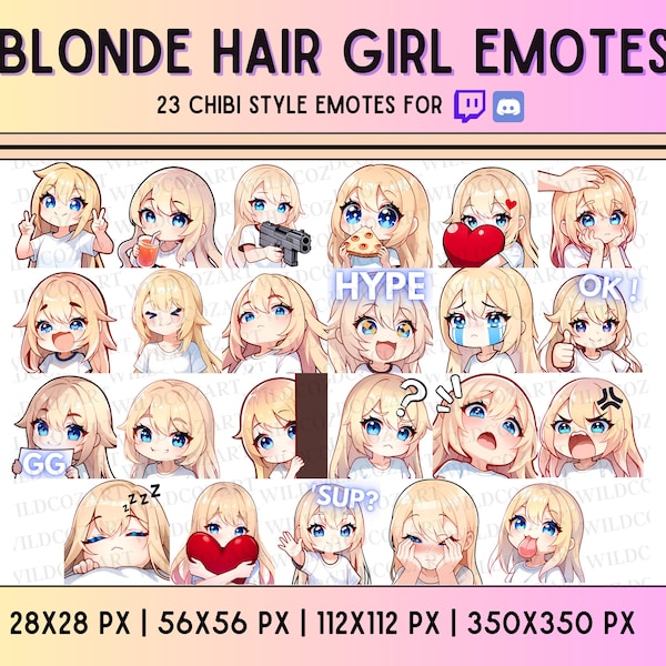 CHIBI TWITCH EMOTES - 23 Twitch/Discord emotes, anime style, blonde hair Girl Emotes, blue eyes, cute Stream emotes, kawaii girl emotes