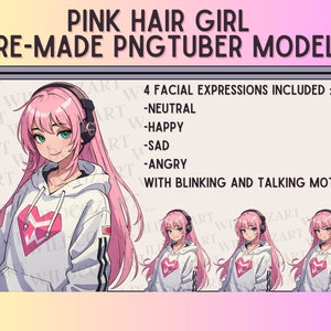 Pink hair gamer girl PNGTUBER - ready to use pngtuber, 4 facial expressions, neutral, angry, sad, happy, cute anime girl for livestream