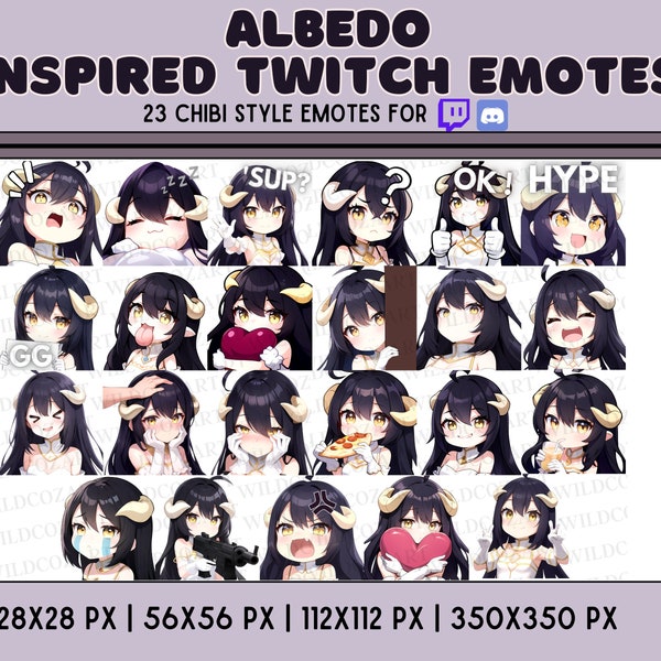 Albedo TWITCH EMOTES - 23 Twitch/Discord emotes, Chibi anime style, Black hair Girl Emotes, Stream emotes, cute succubus emotes