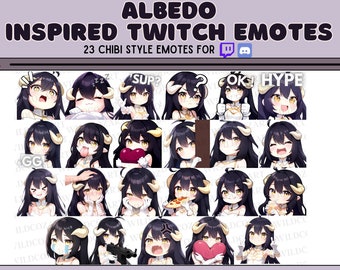 Albedo TWITCH EMOTES - 23 Twitch/Discord emotes, Chibi anime style, Black hair Girl Emotes, Stream emotes, cute succubus emotes
