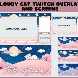 Telas e sobreposições animadas do Twitch CLOUDY CAT - Volto já, Começando em breve, Transmissão encerrada, Telas de transmissão offline, 2 sobreposições do Twitch