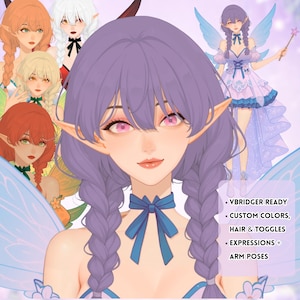 May include: Digital art featuring a fairy with purple hair, pink eyes, and pointed ears. The fairy wears a blue bow and has blue wings. Other fairy characters with different hair colors are in the background. Text on the image says "VBRIDGER READY, CUSTOM COLORS, HAIR & TOGGLES, EXPRESSIONS + ARM POSES."
