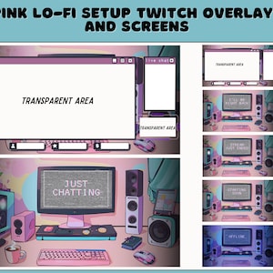 May include: Pink and blue Twitch overlay screens with a retro computer setup. The screens display text such as "Just Chatting", "Live Chat", "Stream Just Ended", "Starting Soon", and "Offline".