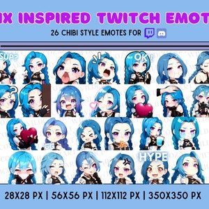 LOL TWITCH EMOTES - 26 Twitch / Discord / Stream emotes, Chibi anime style, Blue hair Girl, Cute Adc, Purple eyes