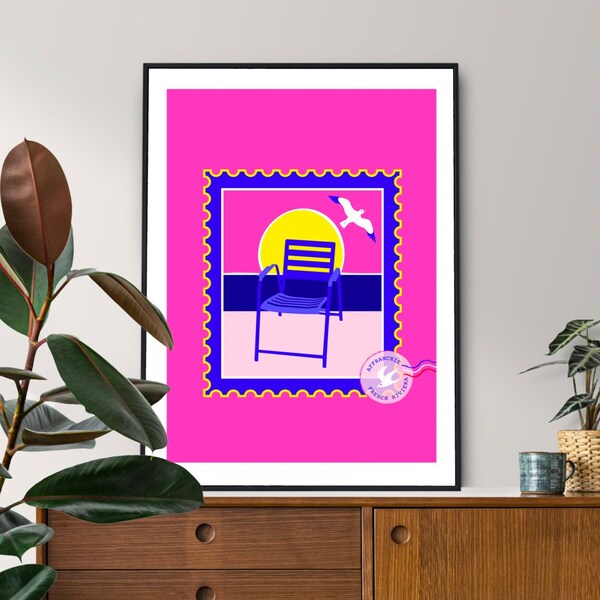 Affiche Chaise Bleue Nice French Riviera | Voyage Nice France Travel Poster | Affiche Côte d’Azur | Wall Art | Home Decor | Illustration