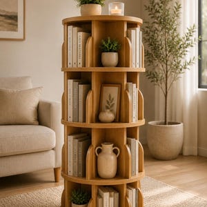 May include: A light brown, rotating bookshelf filled with books, small potted plants, and decorative vases. The bookshelf has multiple circular shelves with curved dividers. A lit candle sits on top. The room has a neutral color palette.
