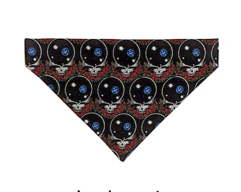 SPACE YOUR FACE Grateful Dead Pet Bandana-Reversible & Slip on to collar; Deadhead Two Sided Dog/Cat Kerchief; Pop Culture 2 sided Bandana