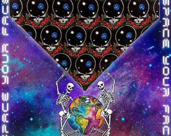 SPACE YOUR FACE Grateful Dead Pet Bandana-Reversible & Slip on to collar; Deadhead Two Sided Dog/Cat Kerchief; Pop Culture 2 sided Bandana