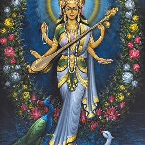 Dipinto della dea Saraswati, dipinto balinese, dipinto fatto a mano, dipinto originale, decorazione murale, dipinto tradizionale