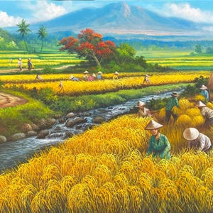Rice Harvest Painting, Landscape Painting, Balinese Painting, Original Painting, Handmade Painting, Wall Decor, Ubud Style Painting