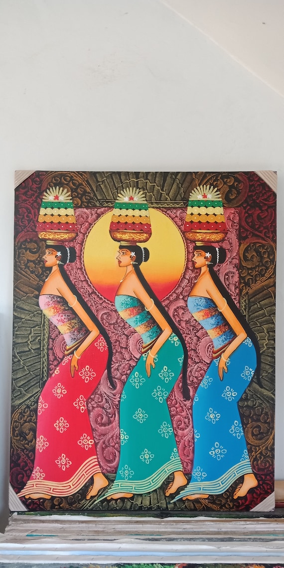 Traditional Balinese Painting, Painting of 3 Women, Painting of