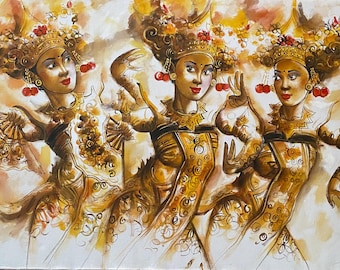 バリ舞踊の絵画 バリ舞踊画：伝統的な油彩画（キャンバス）、DW Raki 署名 - Etsy 日本