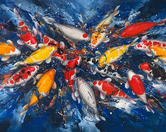 Pode incluir: Uma pintura abstrata de peixes koi em uma composição dinâmica. Os peixes são de várias cores, incluindo vermelho, laranja, amarelo e branco, em um fundo azul escuro com respingos brancos, criando uma sensação de movimento.