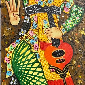 Legong Keraton-schilderij, Balinese dansers, handgemaakt schilderij, Balinees schilderij, traditionele schilderkunst, art deco, wanddecoratie, uniek schilderij