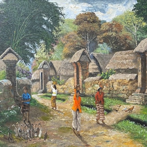 Dipinto di paesaggio del villaggio balinese, dipinto originale, acrilico su tela, dipinto fatto a mano, tradizionale balinese