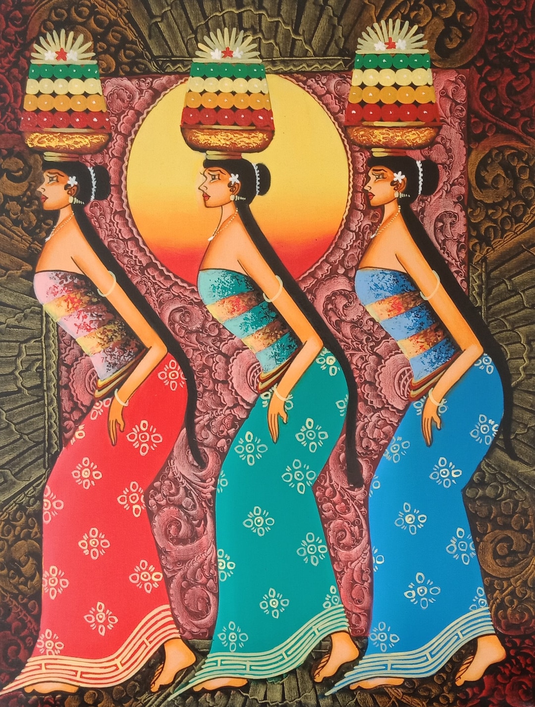 Traditional Balinese Painting, Painting of 3 Women, Painting of