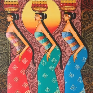 traditional balinese painting, painting of 3 women, painting of ubud style, handmade painting, painting of Sriyadi.