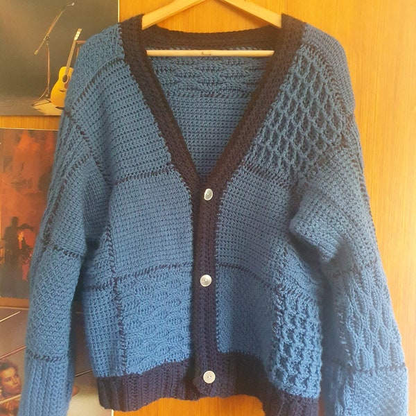 Blaue Patchwork Harry Styles Strickjacke