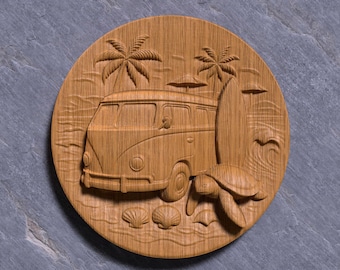 Surf Van & Sea Turtle 3D Relief Model: Coastal Wall Art (STL File)