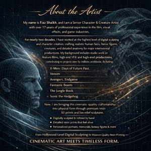 K&ouml;nnte beinhalten: Eine informative Grafik mit dem Titel About the Artist &uuml;ber den Charakterk&uuml;nstler Fiaz Shaikh. Der Text beschreibt seine berufliche Erfahrung in Film und Spielen und nennt Projekte wie X-Men, Venom und Avengers. Er hebt 3D-Harzdrucke hervor.