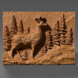 May include: A detailed wood carving depicting a deer in a forest setting. The deer is the central figure, with intricate fur and antlers. Pine trees and mountains are carved in the background, all in shades of brown.