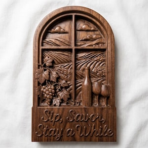 May include: A wooden carved wall hanging depicting a vineyard scene viewed through a window. The artwork includes a bottle, two glasses, grapes, and the text "Sip, Savor, Stay a While". The piece is made of dark brown wood.