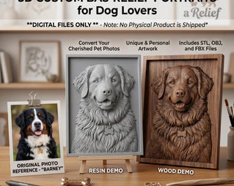 Könnte beinhalten: 3D-Reliefporträts für Hundeliebhaber. Das Bild zeigt eine Harz-Demo und eine Holz-Demo eines Hundeporträts. Der Text lautet "3D Custom Bas-Relief Portraits for Dog Lovers" und "Digital Files Only". Die ursprüngliche Fotoreferenz ist "Barney".