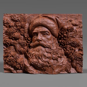 3D bas relief of Santa Claus carved in detailed wood, featuring a full beard, classic fur hat, and surrounded by pine cones, berries, and fir branches. The design has rich textures with deep shadows and natural wood grain, perfect for CNC carving, 3D printing, or decorative wall art. This festive digital model brings warmth and tradition, ideal for holiday décor, woodworking projects, and creating custom Christmas gifts with professional detail.