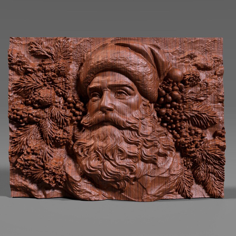 3D bas relief of Santa Claus carved in detailed wood, featuring a full beard, classic fur hat, and surrounded by pine cones, berries, and fir branches. The design has rich textures with deep shadows and natural wood grain, perfect for CNC carving, 3D printing, or decorative wall art. This festive digital model brings warmth and tradition, ideal for holiday décor, woodworking projects, and creating custom Christmas gifts with professional detail.