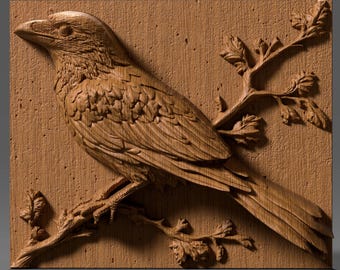 Crow Wood Carving: 3D Raven Relief for CNC, Laser Engraving (Digital Download)