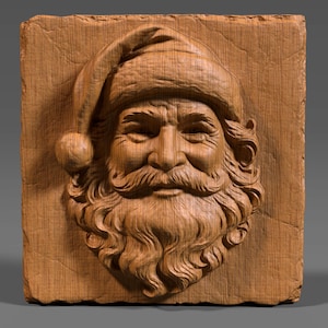 May include: A carved wooden relief of Santa Claus. The artwork features a detailed depiction of Santa's face, complete with a long beard, mustache, and hat. The relief is set against a textured, rectangular wooden background.