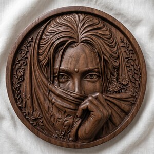 Modelo 3D STL de mujer india con velo / Elegante retrato femenino para pared / Impresión CNC y 3D / Descarga digital