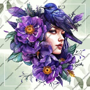 Schöne Frauen | American Robin, Lila Blume, Frühling, Aquarell Kunst -1 PNG 4k Res, CNC, T-Shirts, Karten, Lila, Hochzeiten, Sweatshirts & Tassen