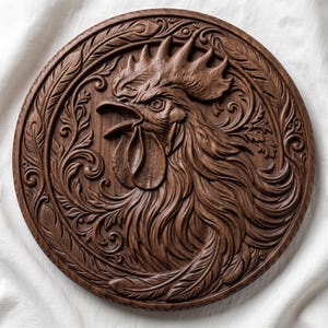 May include: A circular dark brown wooden wall plaque featuring a detailed relief carving of a rooster head in profile. The rooster is surrounded by intricate swirling leaf and feather patterns that fill the entire round wooden surface.