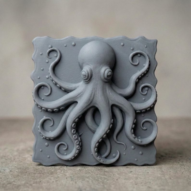 High-detail 3D STL model of an octopus in bas relief, featuring curled tentacles and a textured underwater design. Ideal for 3D printing, CNC wood carving, or laser engraving. Perfect for marine-themed wall art, nautical gifts, or ocean-inspired decor. This digital file is suitable for use with wood, acrylic, resin, and other engravable materials. Download and craft ocean life into your next project.