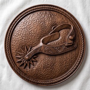 May include: A circular dark brown wooden wall plaque featuring a carved relief of a western spur. The background has a hammered texture, and the border is carved with a rope design. The spur includes intricate floral scrollwork engravings.