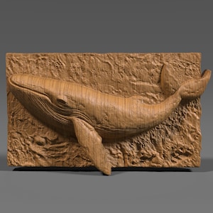 May include: A wooden carving of a whale, showcasing detailed craftsmanship. The whale is depicted in a dynamic pose, with its body curved and fins extended. The carving is set against a textured wooden background, creating a natural and artistic aesthetic.